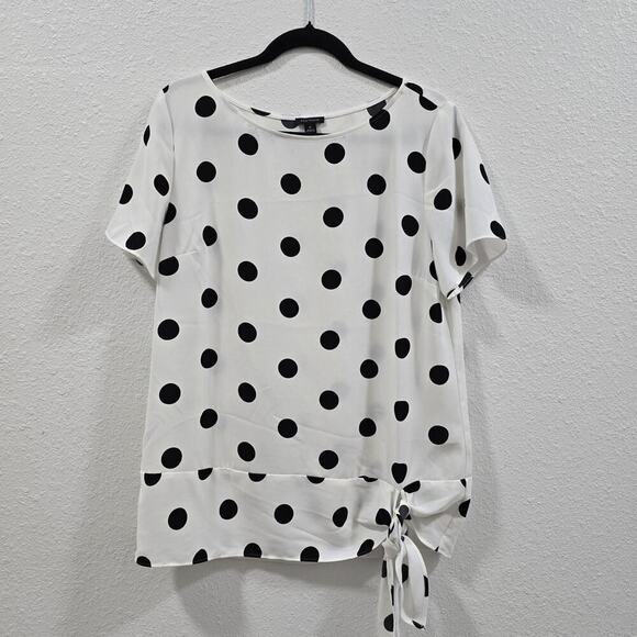 Ann Taylor Black and Withe Polka Dot Wrap Blouse Short Sleeve Top Casual Size M - Picture 1 of 9